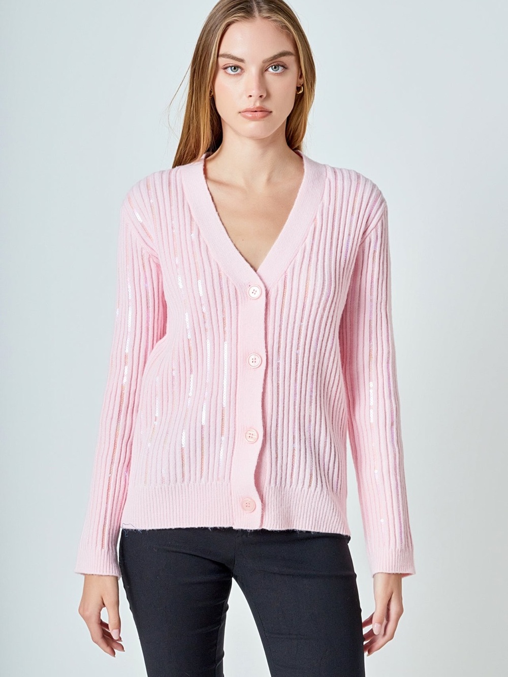 Endless Rose Light Pink Ribbed V-Neck Button-Up Cardigan